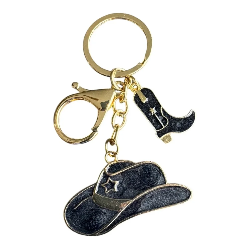 Women's Western Cowboy Hat Boot Charm Key Chain Black Gold Tone 3.5